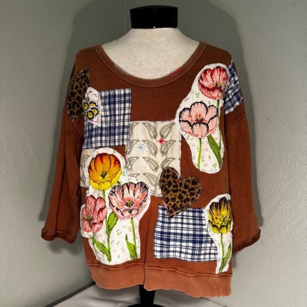 Aerie Custom Patchwork Floral Leopard Plaid Sweatshirt Womens S Vintage